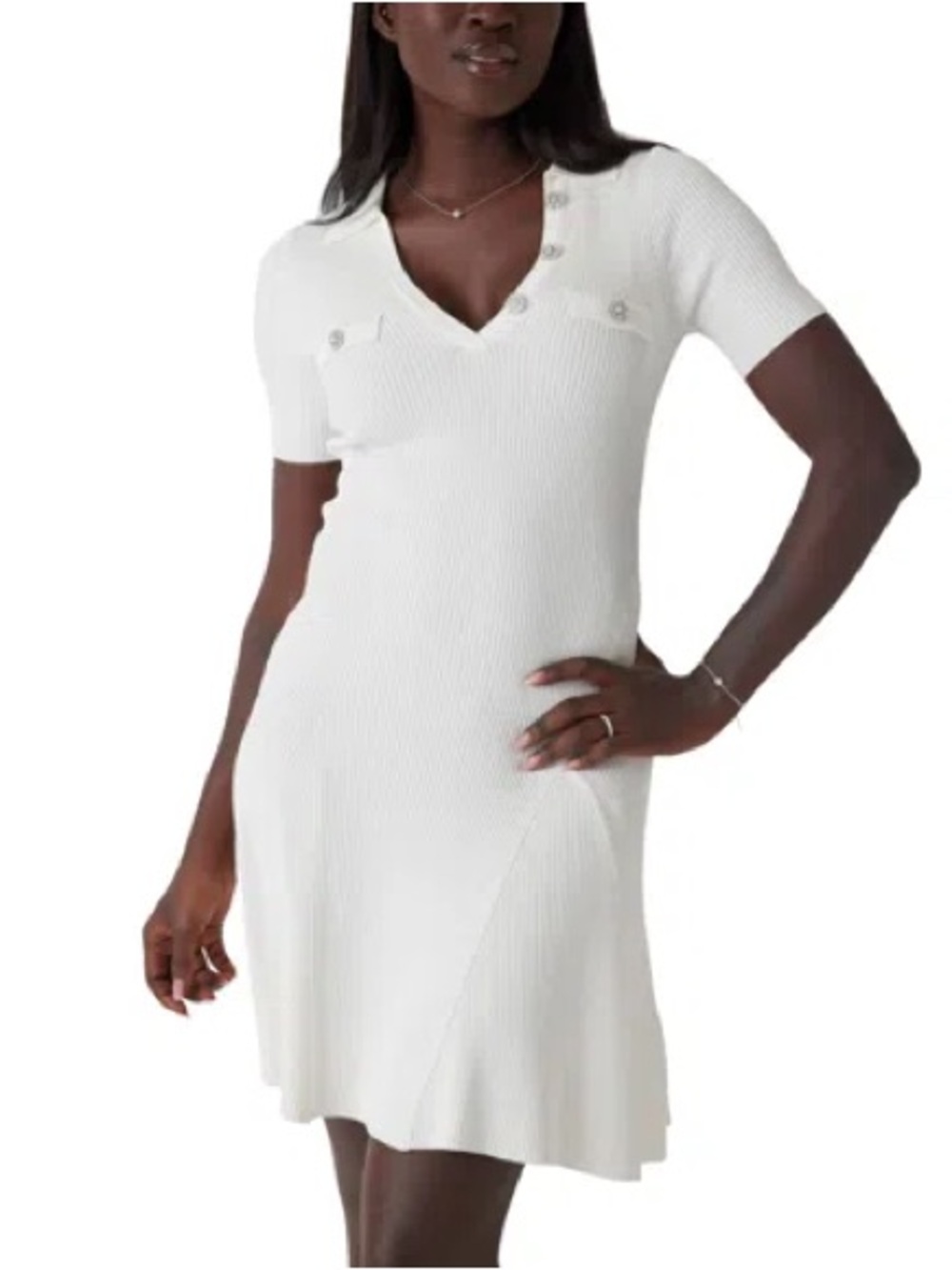 GUESS White Ribbed V‑Neck Short Sleeve Mini Dress